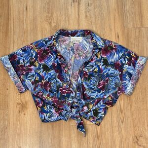 Vtg Casey & Max 90s Womens M Short Sleeve Button Up Blouse Top Tropical Tiki